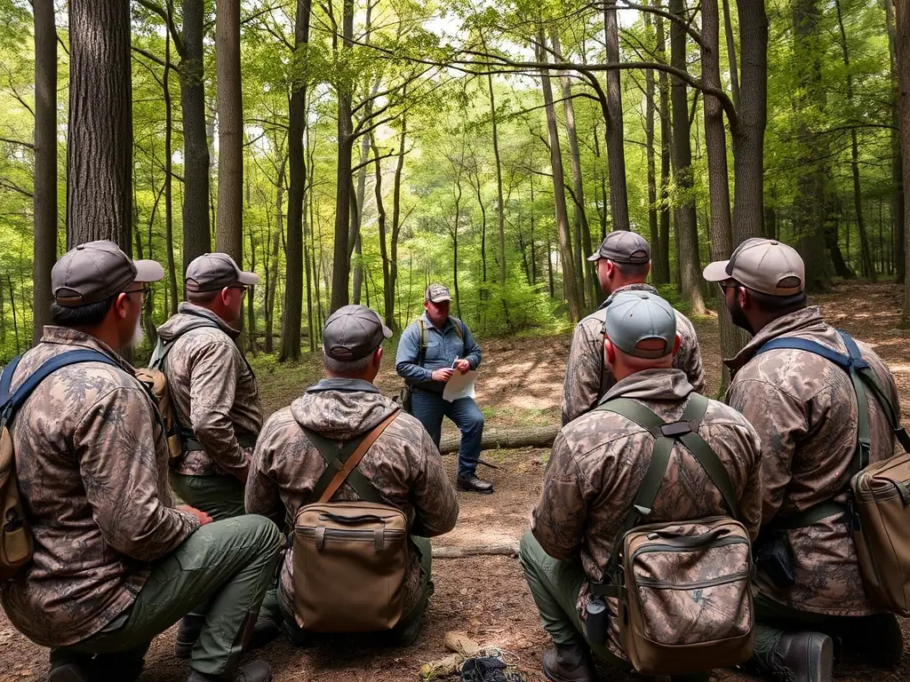 A photograph featuring a group of hunters participating in a training session on responsible hunting practices, led by an experienced instructor. The image should emphasize the importance of safety, ethics, and conservation in hunting.
