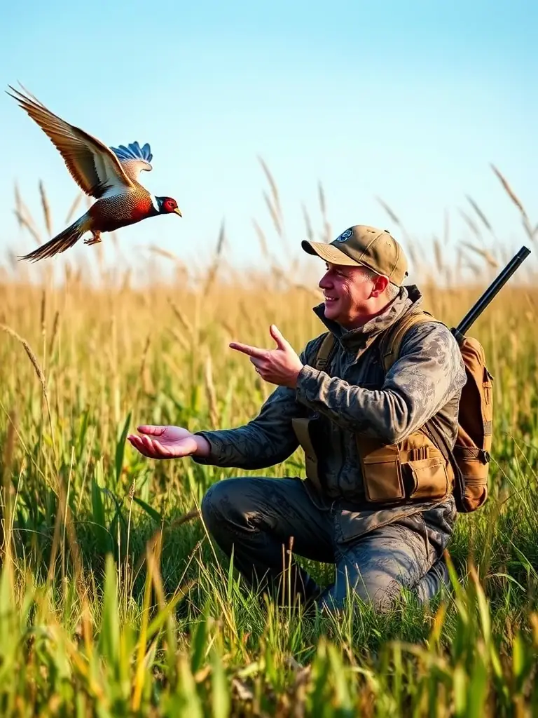 A hunter in camouflage gear releasing a pheasant into a field, symbolizing game repopulation efforts by the Société de Chasse Seboncourtoise.