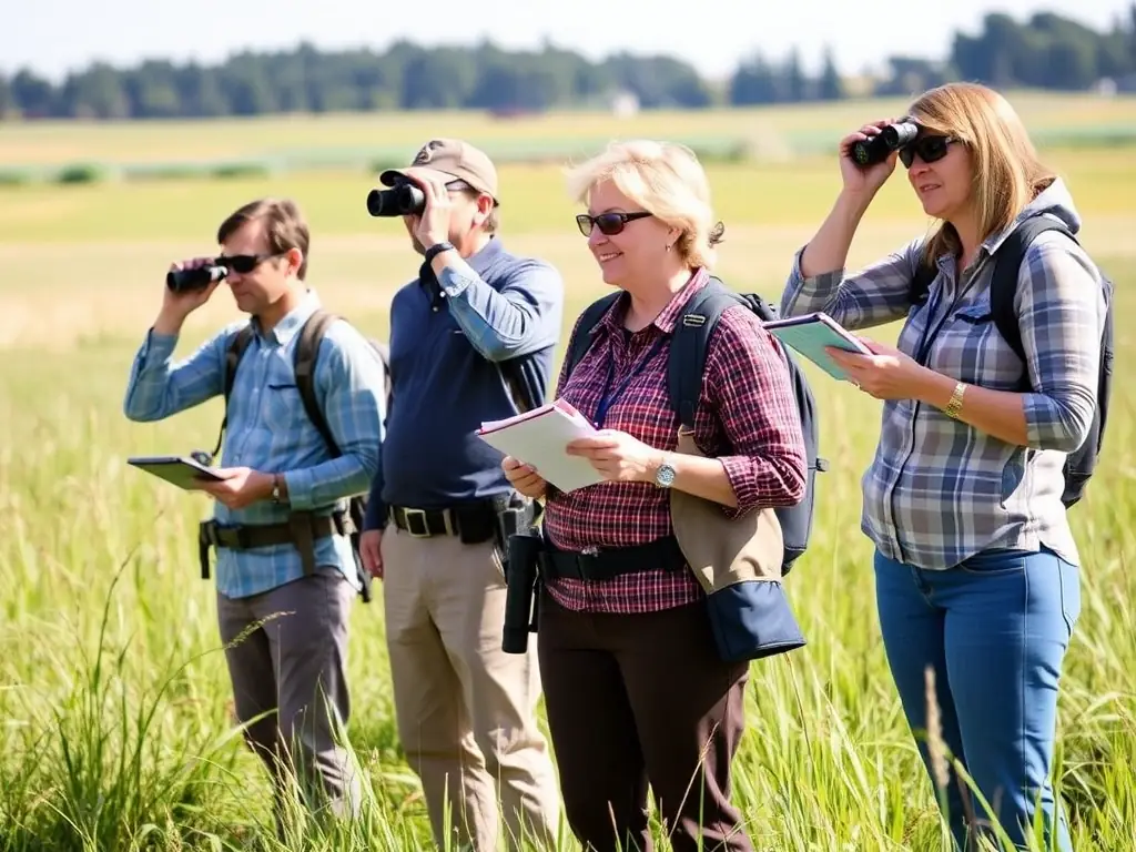 A photograph depicting members of the Société de Chasse Seboncourtoise participating in a game census, using binoculars and notebooks in a field setting. The image should convey a sense of dedication to wildlife management and conservation.
