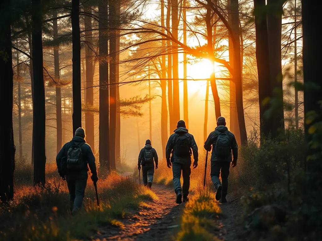 A group of hunters in camouflage gear walking through a lush forest during sunrise, participating in a guided hunting trip organized by Société de Chasse Seboncourtoise.