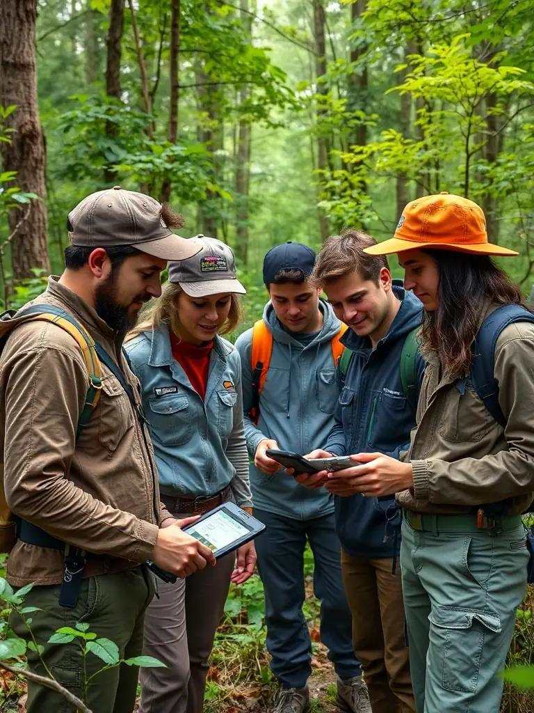 A group of club members collaborating on a wildlife monitoring project, collecting data and contributing to conservation research.