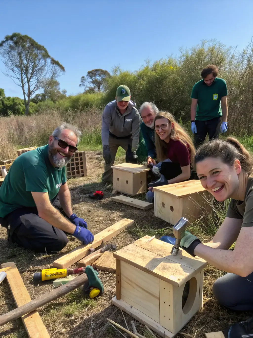 A group of volunteers constructing birdhouses and wildlife shelters, demonstrating Société de Chasse Seboncourtoise's dedication to habitat enhancement.
