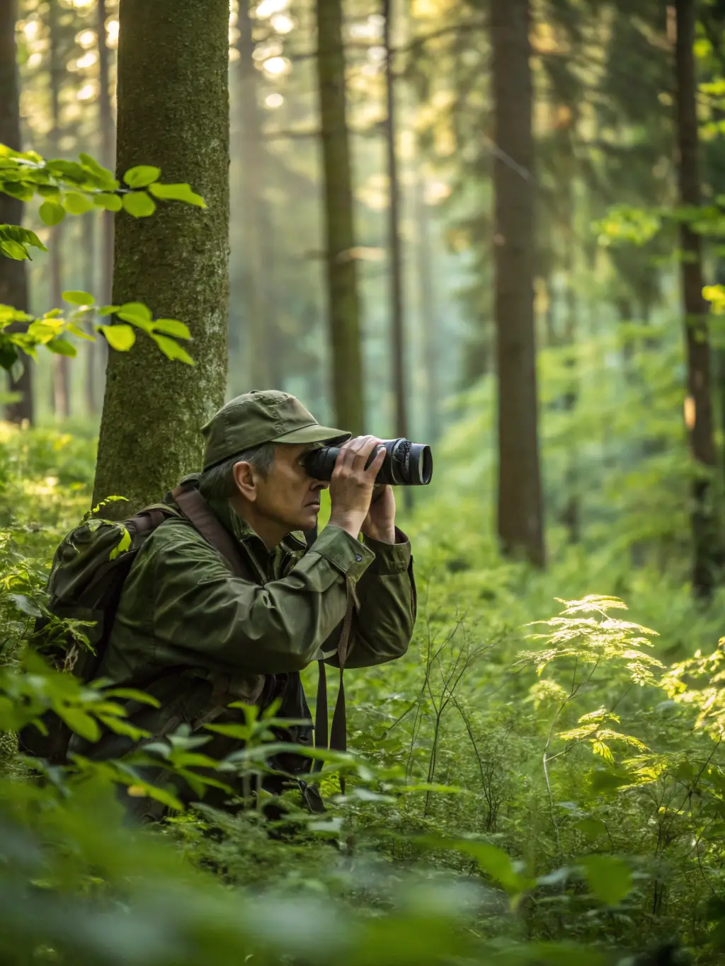 A hunter carefully observing wildlife through binoculars in a serene natural setting, emphasizing the responsible hunting practices promoted by Société de Chasse Seboncourtoise.