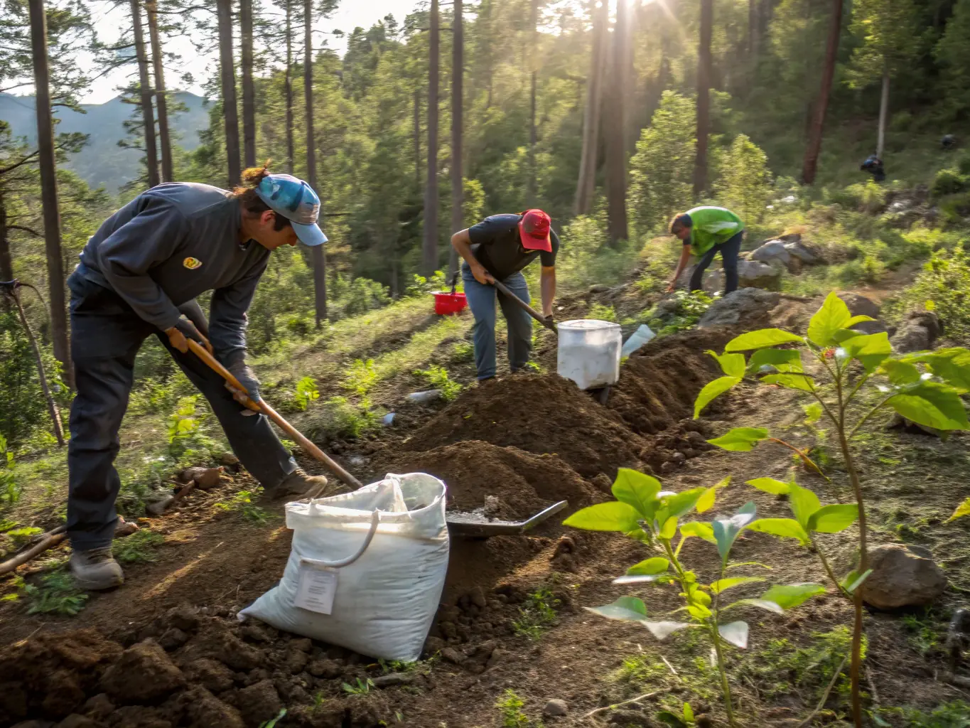 A team planting trees and restoring natural habitats in a rural area, showcasing Société de Chasse Seboncourtoise's commitment to wildlife conservation.