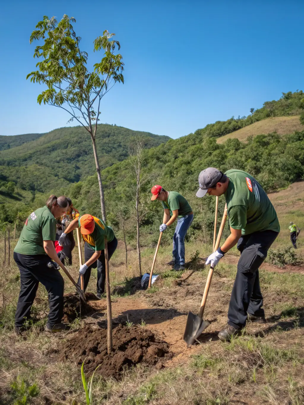 A team planting trees and restoring natural habitats in a rural area, showcasing Société de Chasse Seboncourtoise's commitment to wildlife conservation.
