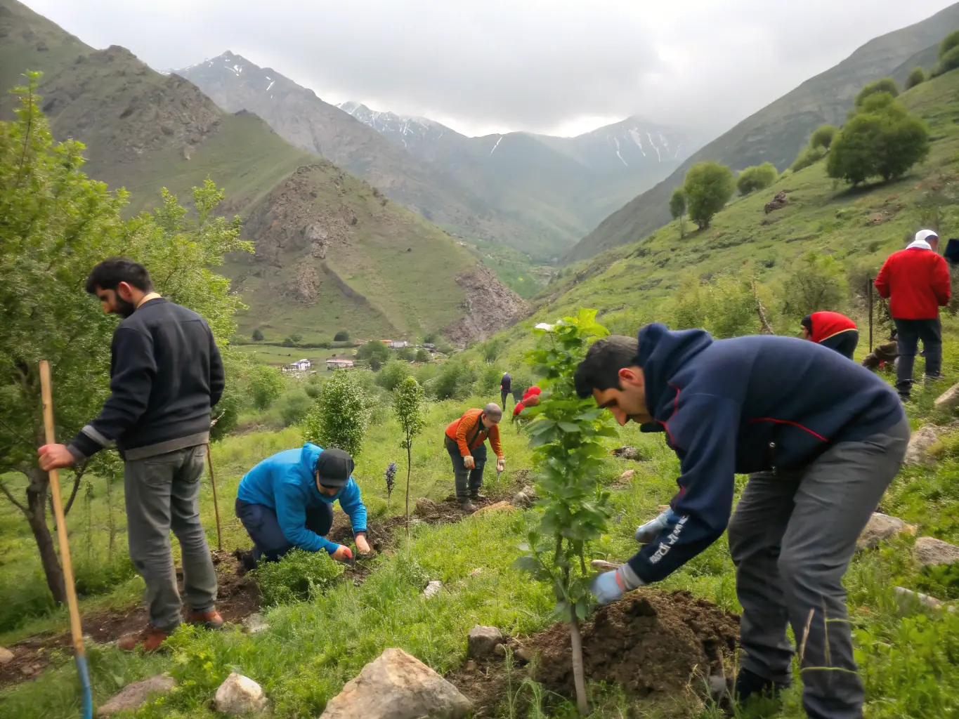 A photograph showing volunteers planting native trees and shrubs in a deforested area, as part of a habitat restoration project organized by the Société de Chasse Seboncourtoise. The image should highlight the club's commitment to environmental conservation.